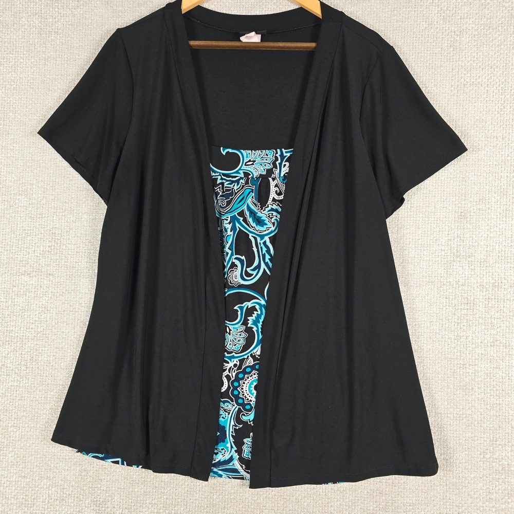 Perception Women 2X Black Teal Paisley Layered Look Short‎ Sleeve Top TJ962X